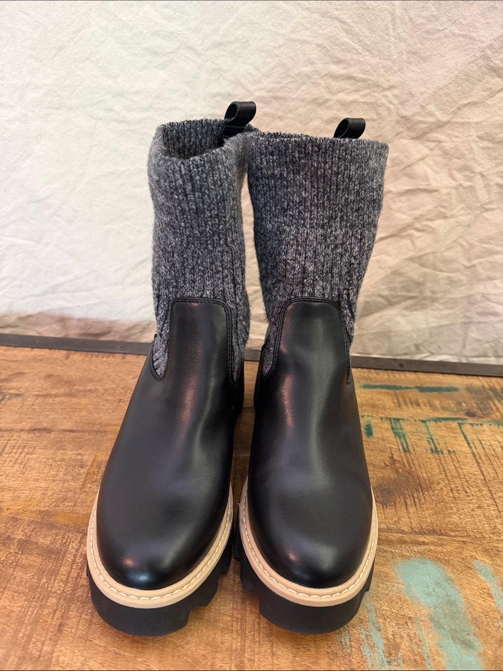 Dolce Vita Black Leather Boots with Gray Knit Shaft